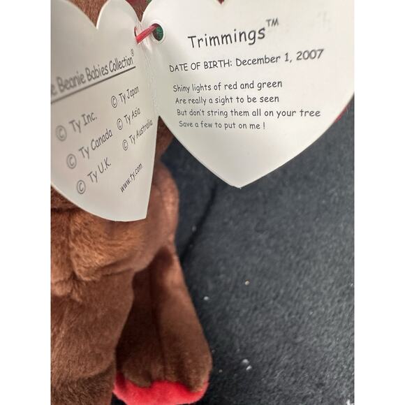 Trimmings Brown Moose TY Beanie Babies Red Antlers Red Green Feet 2007 Retired - Picture 10 of 10